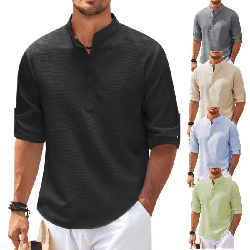 Men's Textured Button-Up Shirt – Stand Collar Regular Fit