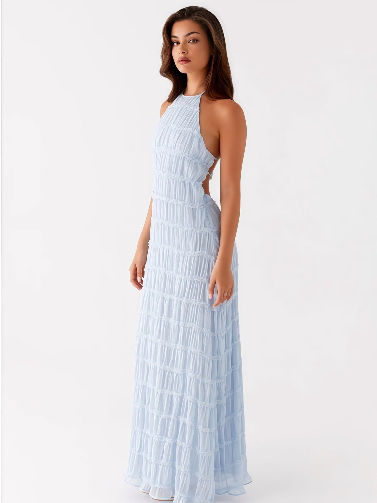Women's Pleated Halter Maxi Dress – Textured Stripe Open Back