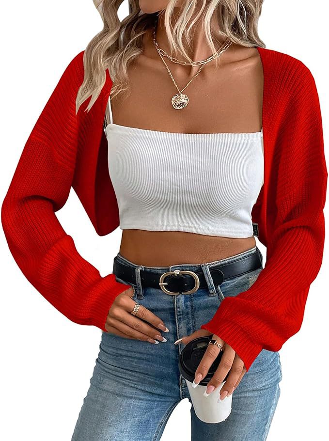Women's Cropped Knit Cardigan – Ribbed Shawl Open Front