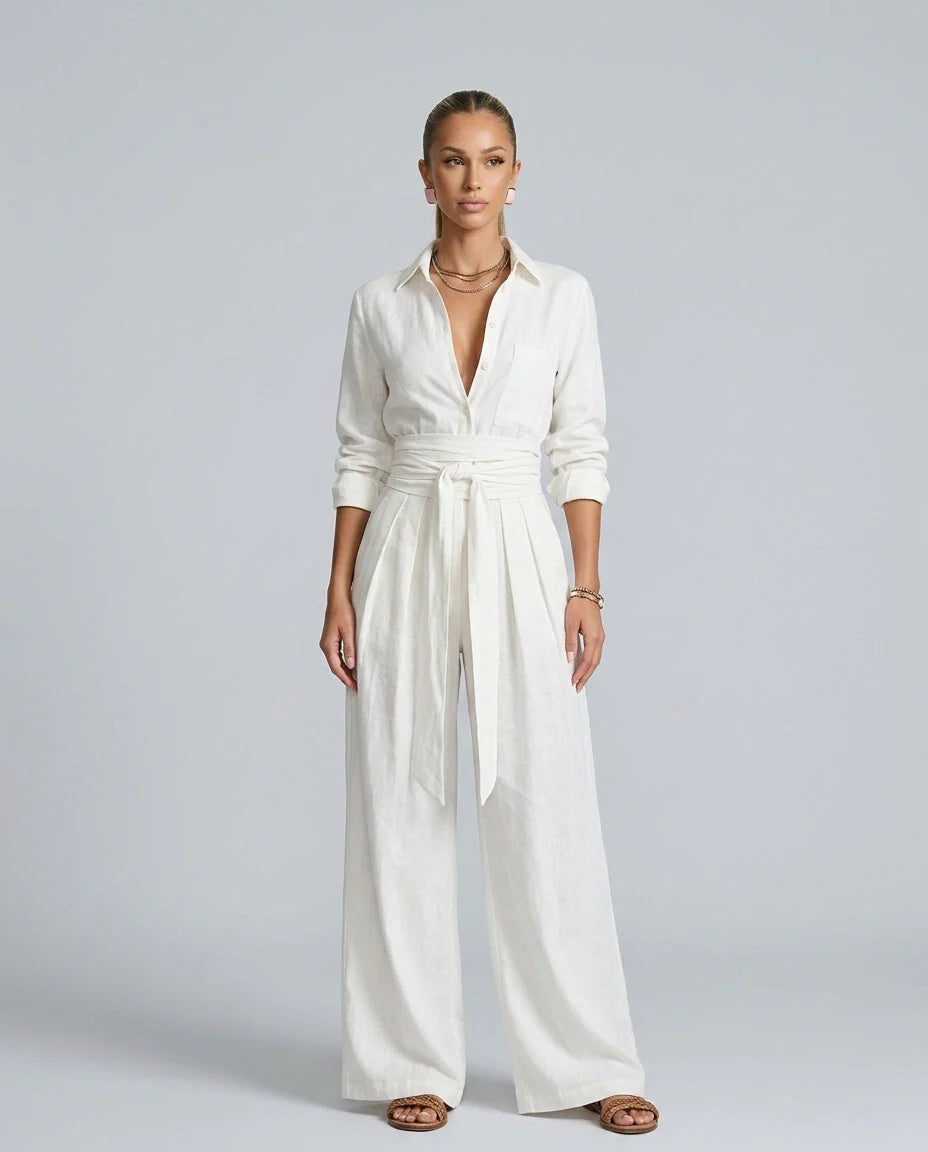 Women's Linen-Cotton Two-Piece Set – Tie-Waist Shirt and Pants