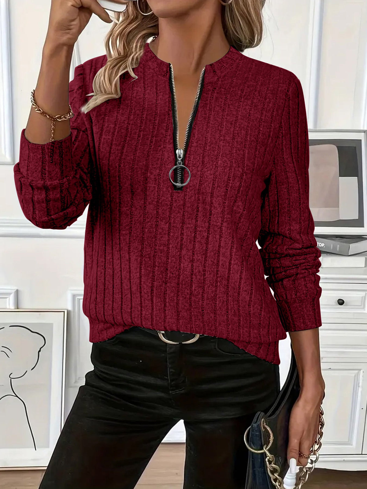 Women's Rib-Knit Top – Relaxed Zip Neckline