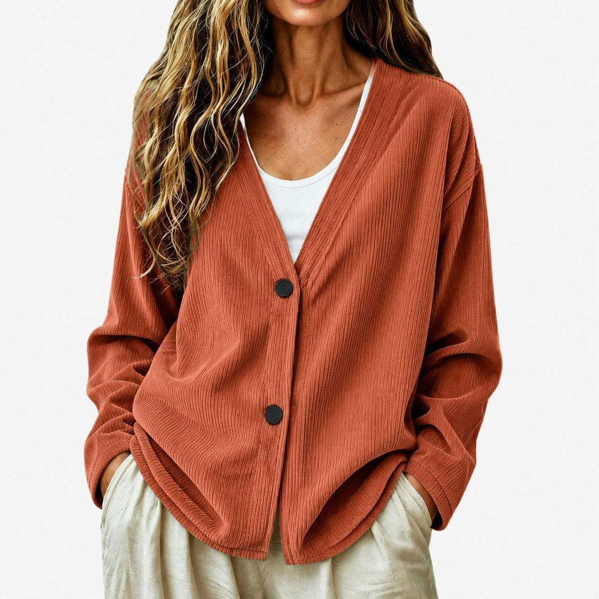 Women's Ribbed Knit Cardigan – Relaxed V-Neck Fit