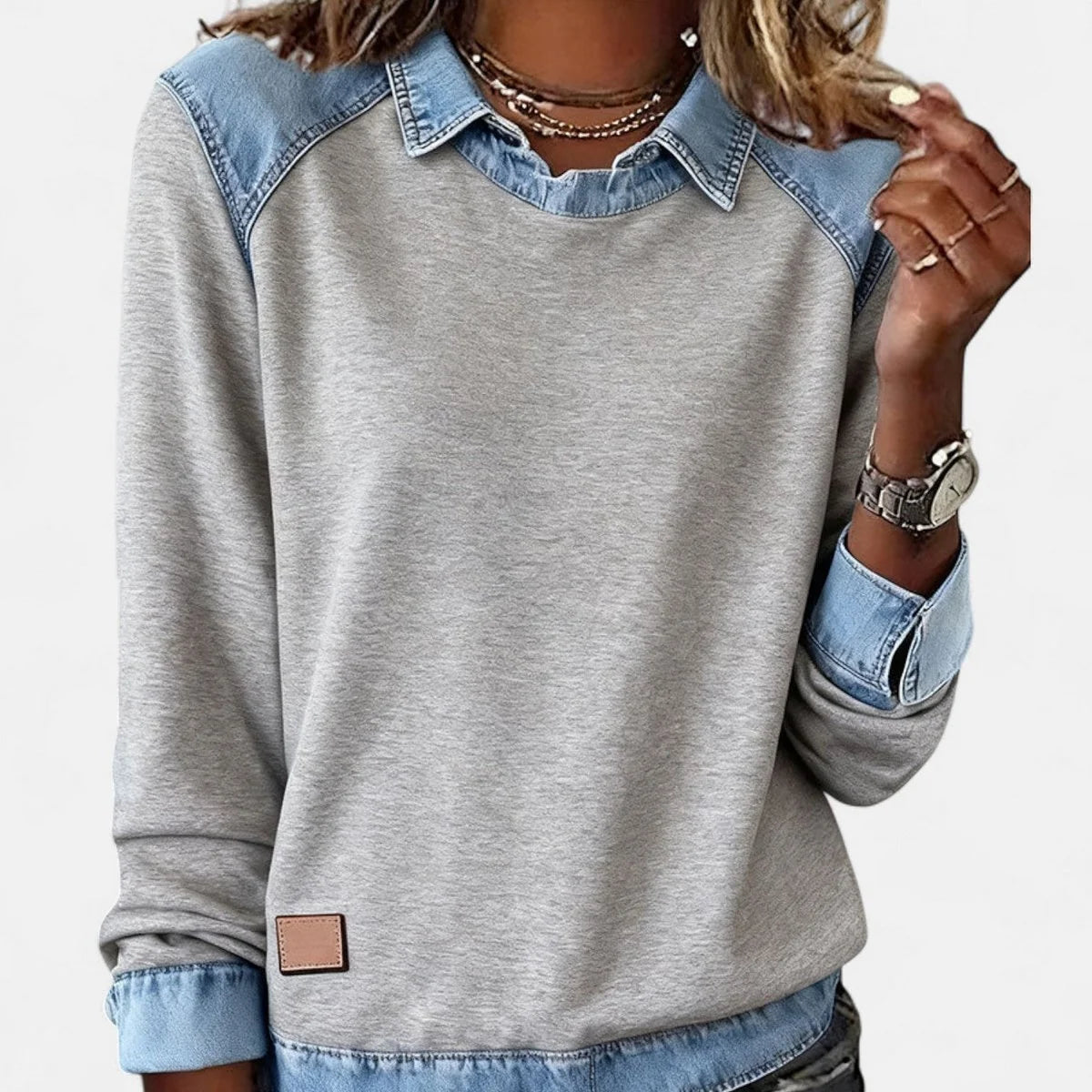 Women's Raglan Knit Sweater – Denim-Look Collar
