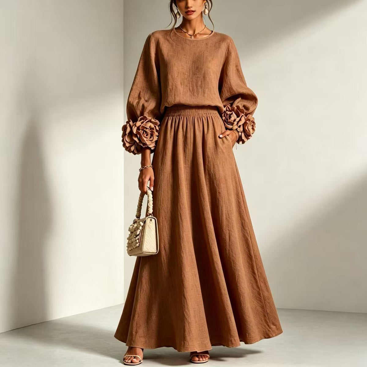 Women's Puff Sleeve Skirt Set – Rose Detail A-Line
