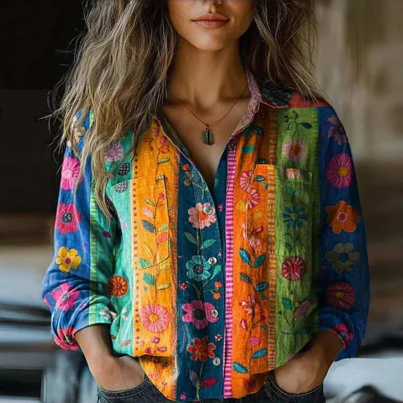 Women's Linen-Look Top – Relaxed Long Sleeve