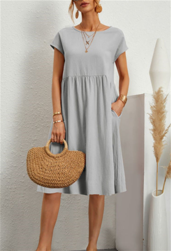 Women's A-Line Midi Dress – Short Sleeve with Pockets