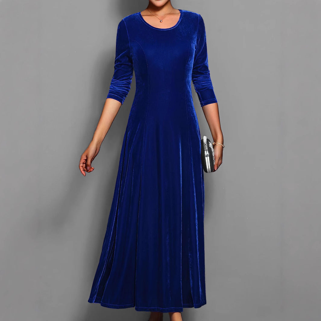 Women's Velvet Maxi Dress – A-Line Three-Quarter Sleeve