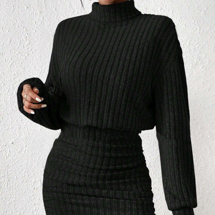 Women's Ribbed Knit Two-Piece Set – High Neck Top & Skirt