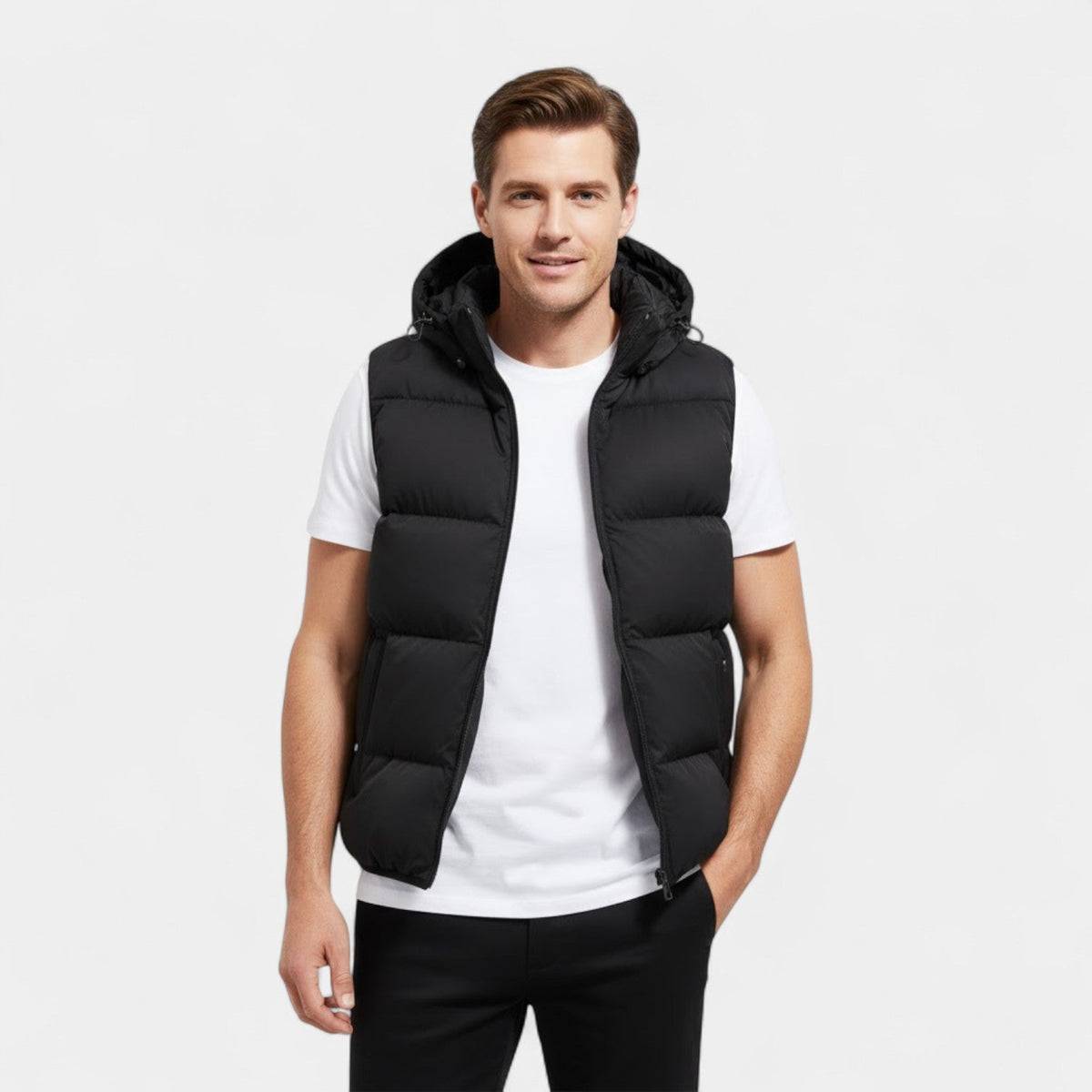 Men's Quilted Cotton Vest – Detachable Hood, Stand Collar