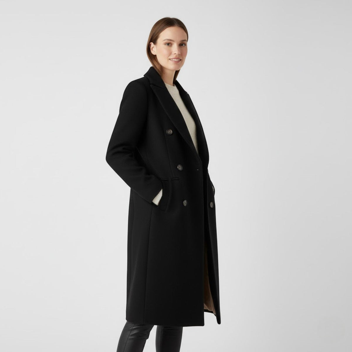 Women's Double-Breasted Wool-Blend Coat – Wide Notched Lapels