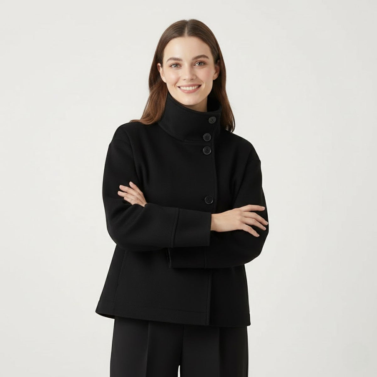 Women's Funnel-Neck Wool-Blend Coat – Relaxed Single-Breasted