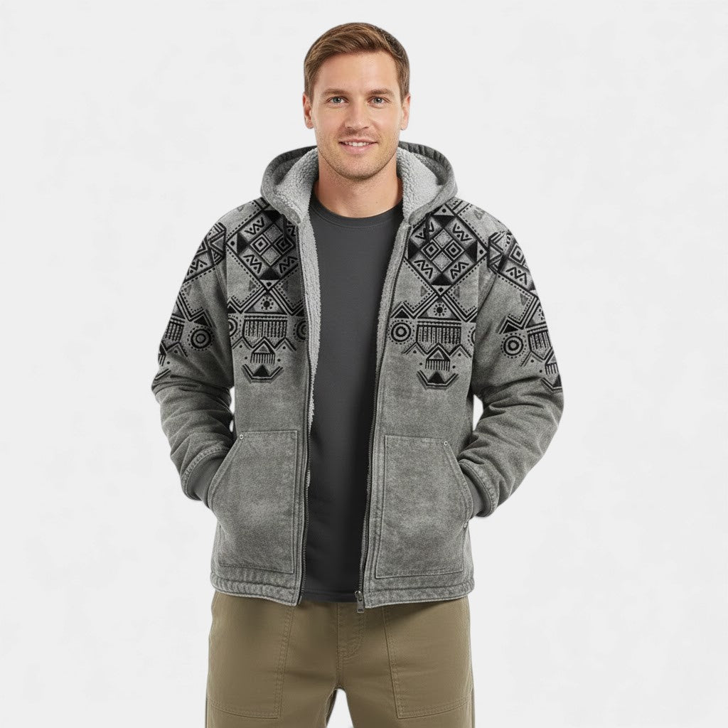 Men's Fleece-Lined Hooded Cardigan – Retro Print Zip