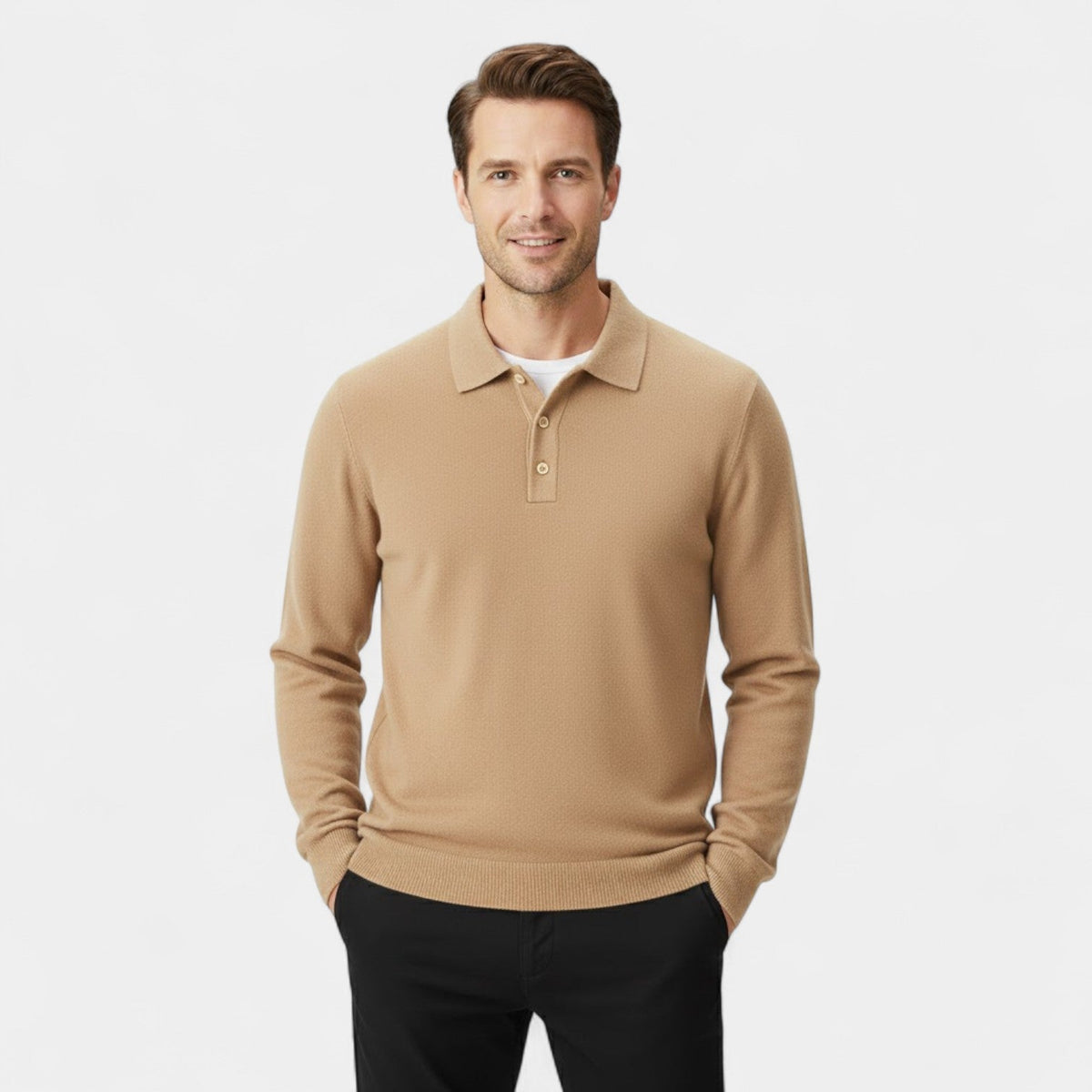 Men's Long-Sleeve Cashmere Polo – Clean Tailored Fit