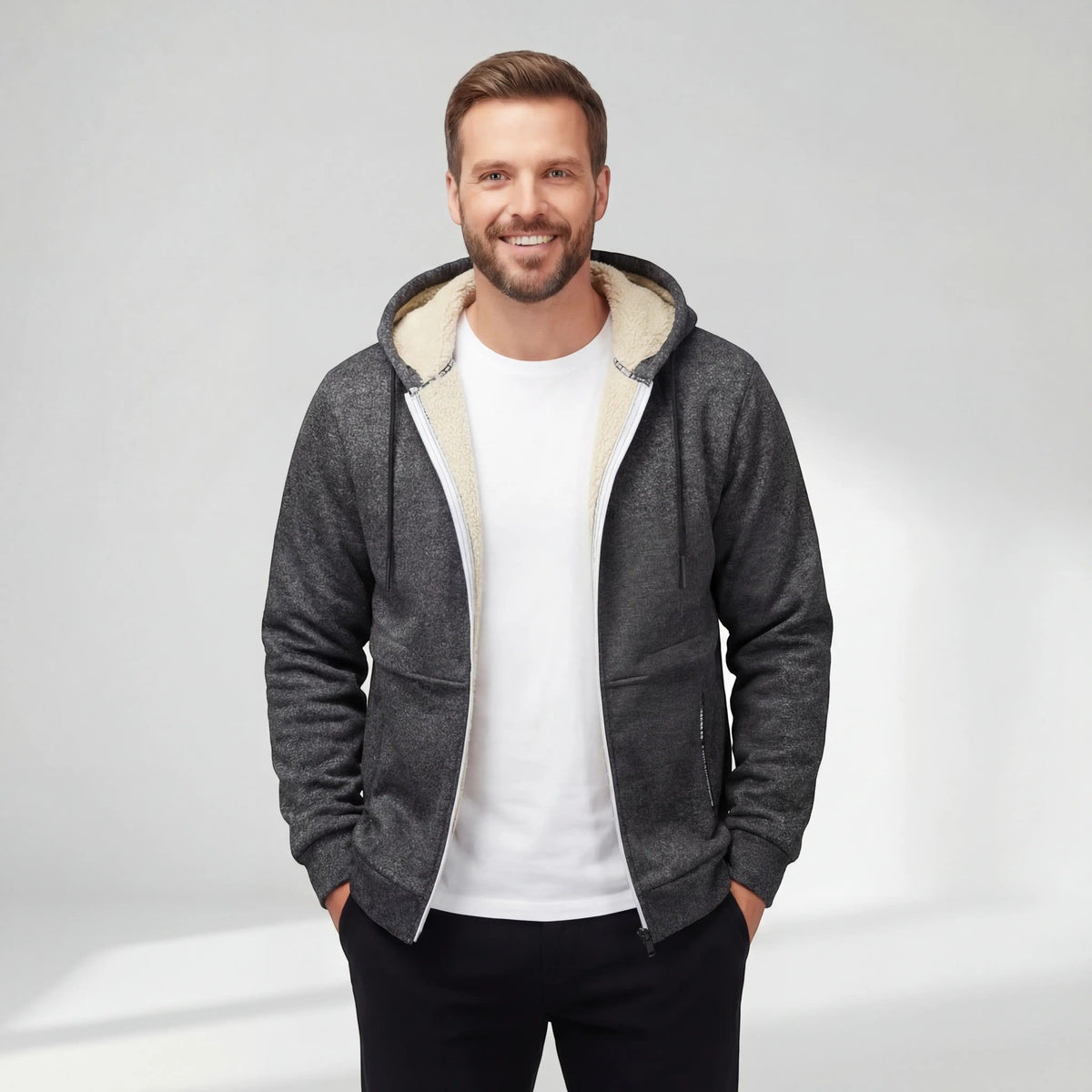 Men's Sherpa-Lined Hooded Cardigan – Full-Zip Relaxed Fit