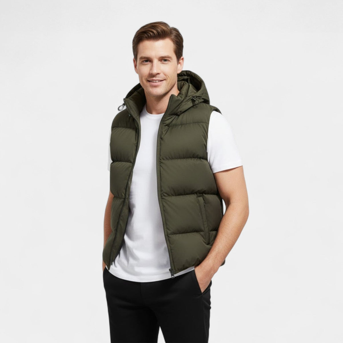 Men's Quilted Cotton Vest – Detachable Hood, Stand Collar