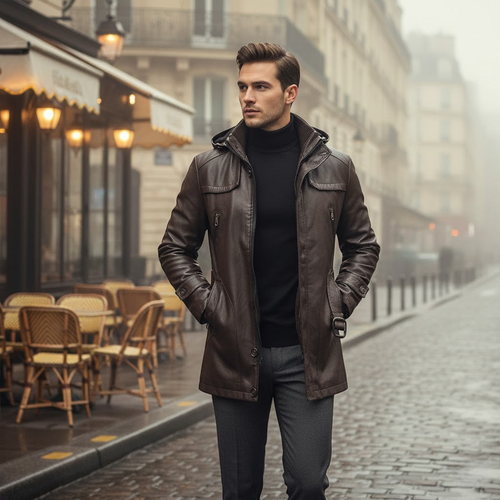 Men's Faux Leather Trench Coat – Mid-Length Regular Fit