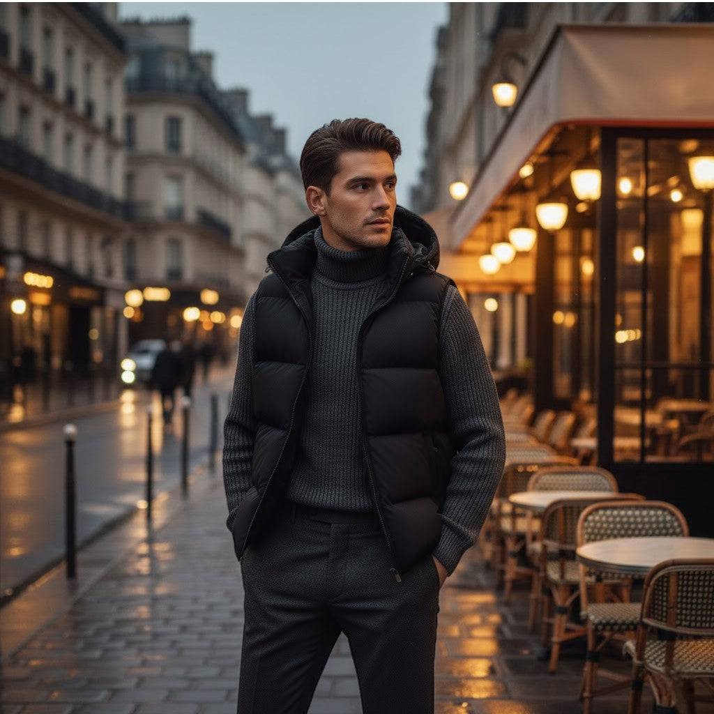 Men's Quilted Cotton Vest – Detachable Hood, Stand Collar
