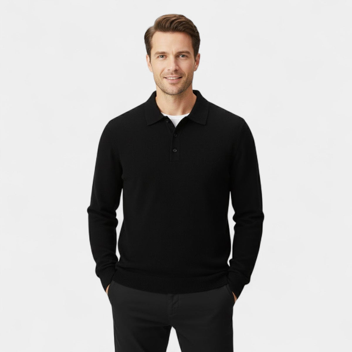 Men's Long-Sleeve Cashmere Polo – Clean Tailored Fit