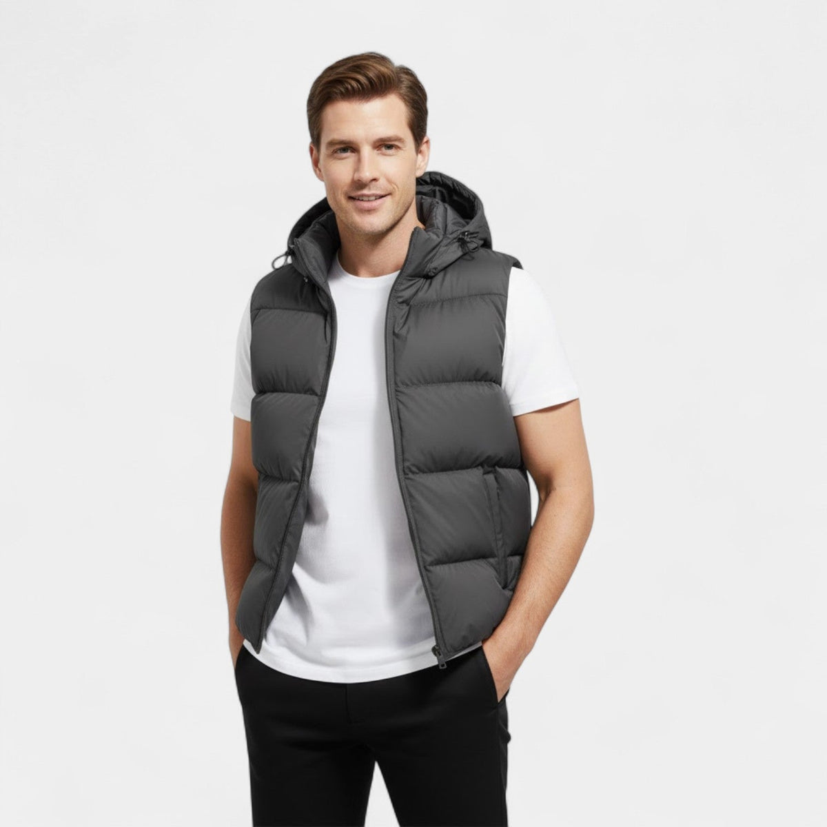 Men's Quilted Cotton Vest – Detachable Hood, Stand Collar
