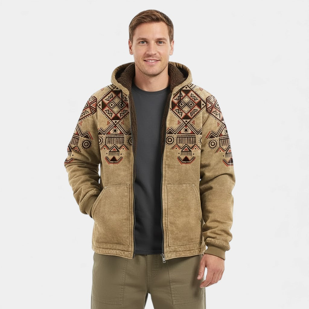 Men's Fleece-Lined Hooded Cardigan – Retro Print Zip