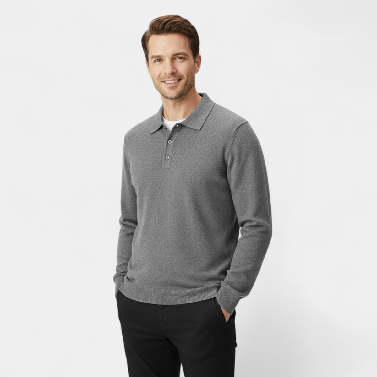 Men's Long-Sleeve Cashmere Polo – Clean Tailored Fit