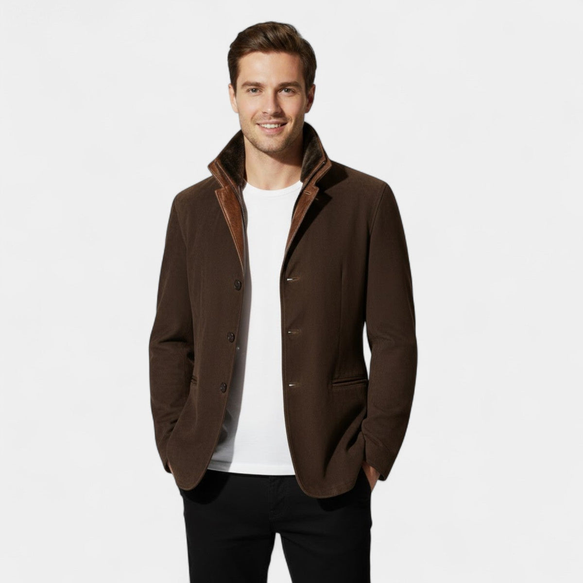 Men's Suede Jacket – Leather-Trim Collar