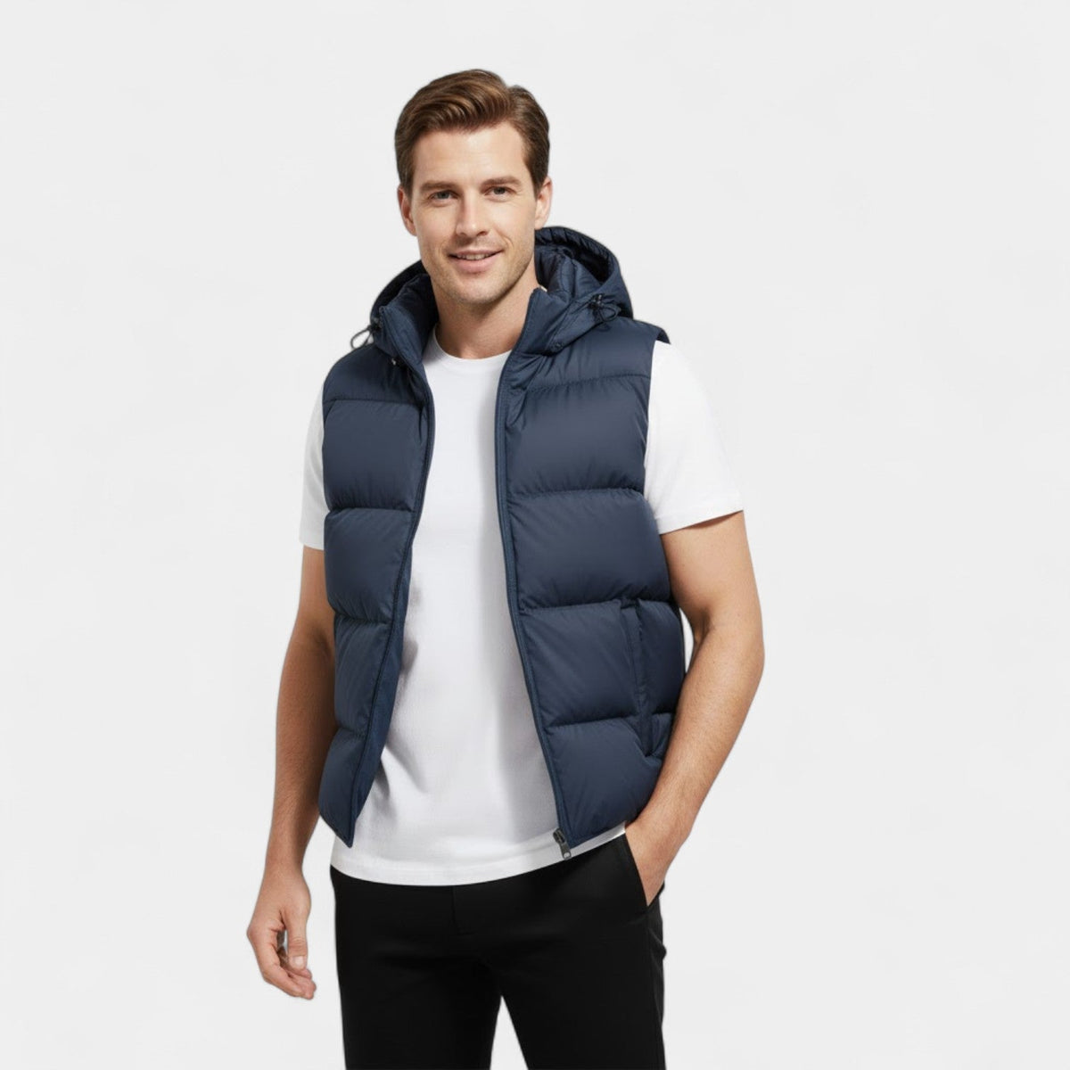Men's Quilted Cotton Vest – Detachable Hood, Stand Collar