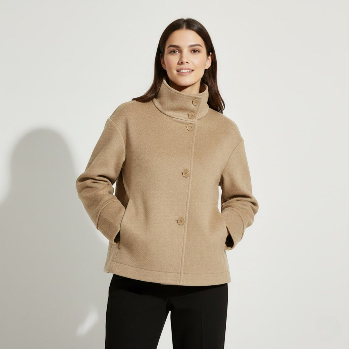 Women's Funnel-Neck Wool-Blend Coat – Relaxed Single-Breasted