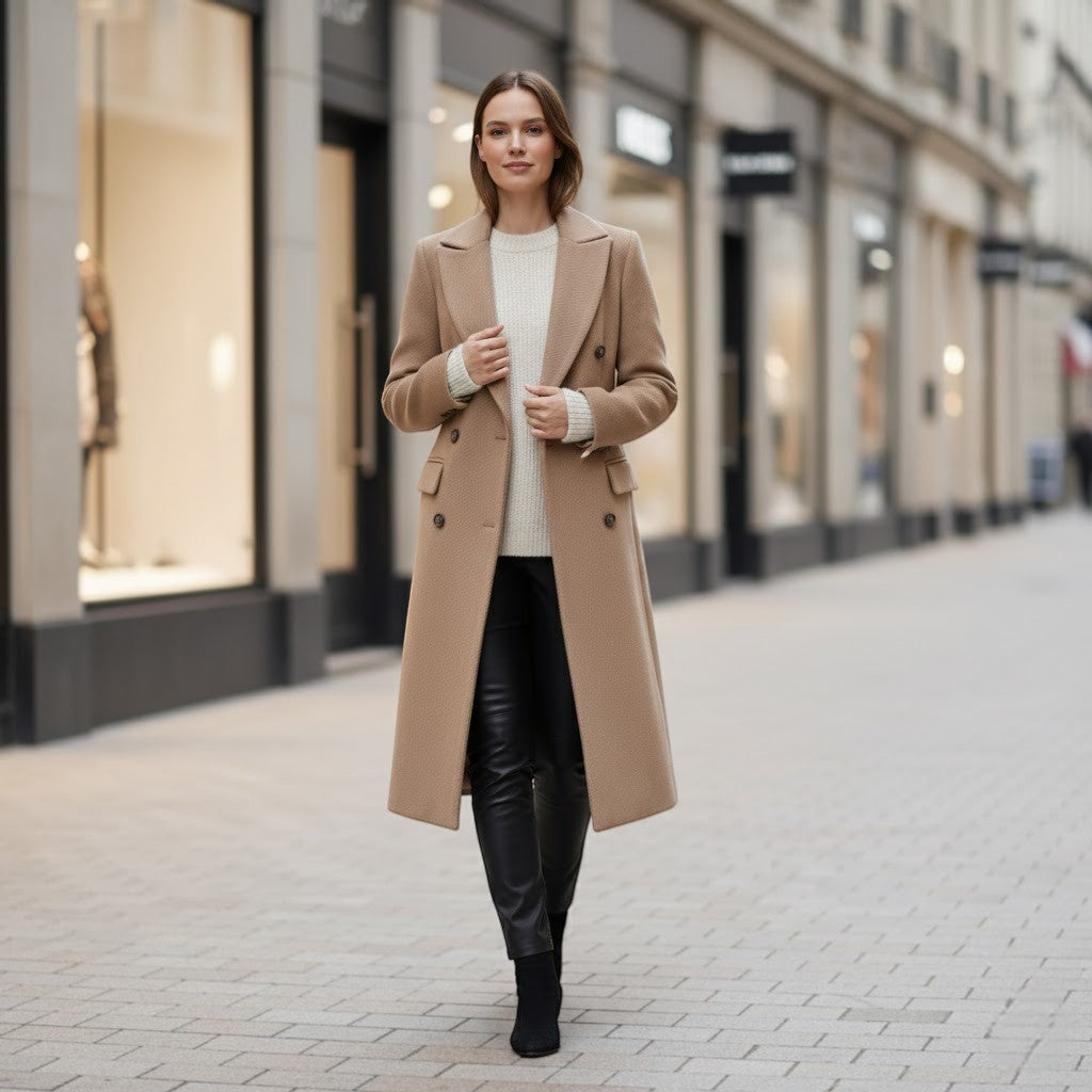 Women's Double-Breasted Wool-Blend Coat – Wide Notched Lapels