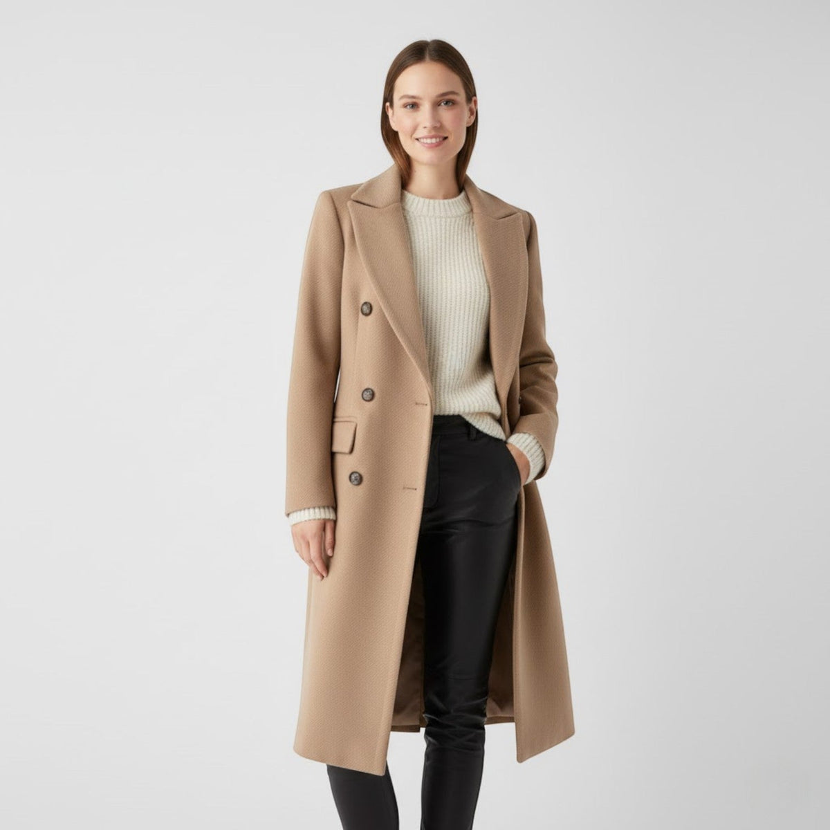 Women's Double-Breasted Wool-Blend Coat – Wide Notched Lapels