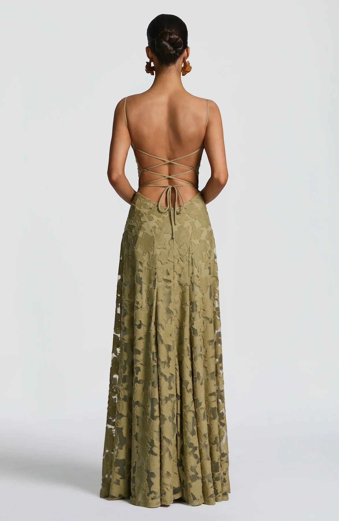 Women's Lace-Up Back Maxi Dress – Fitted Textured Lace