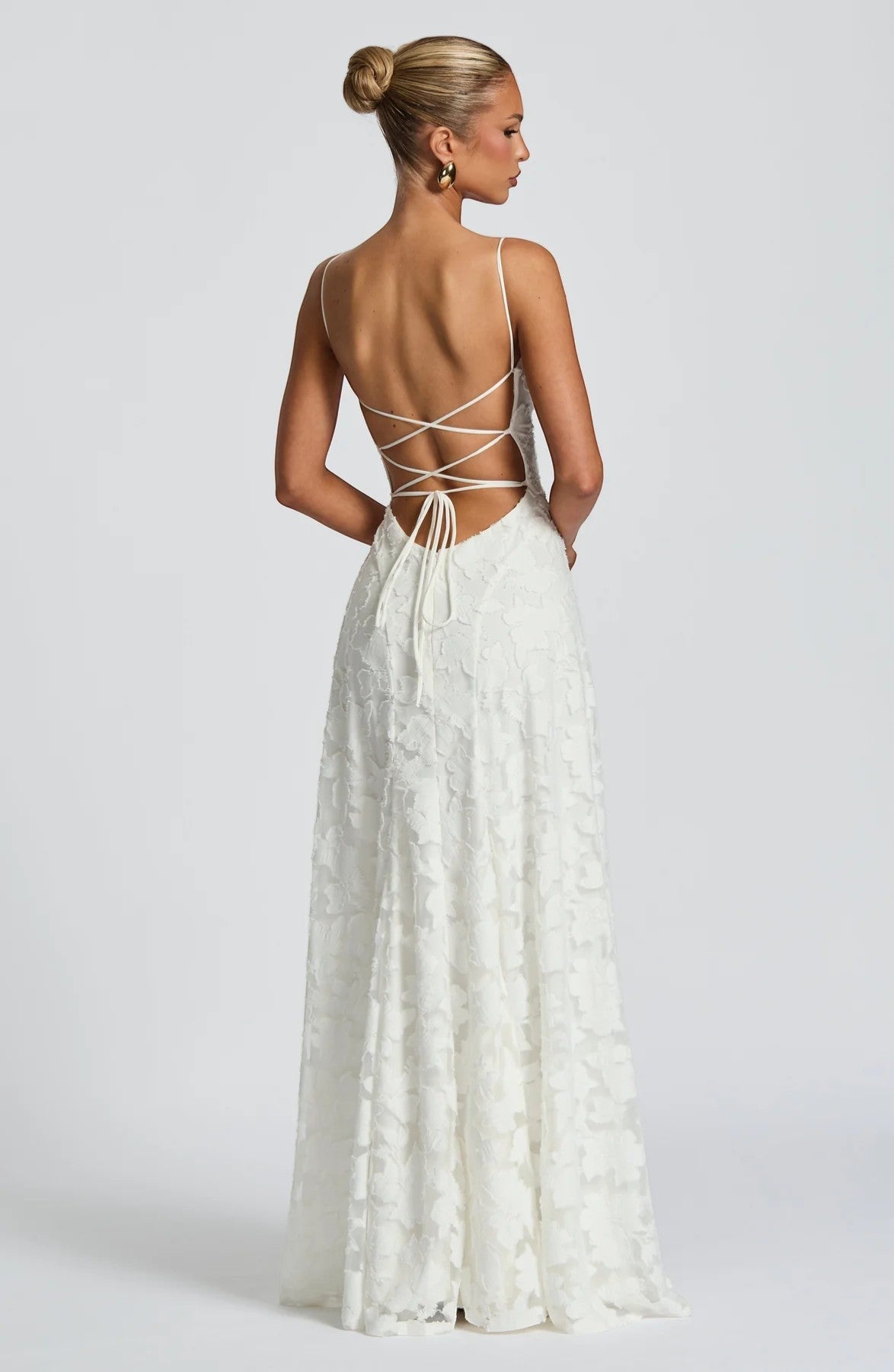 Women's Lace-Up Back Maxi Dress – Fitted Textured Lace