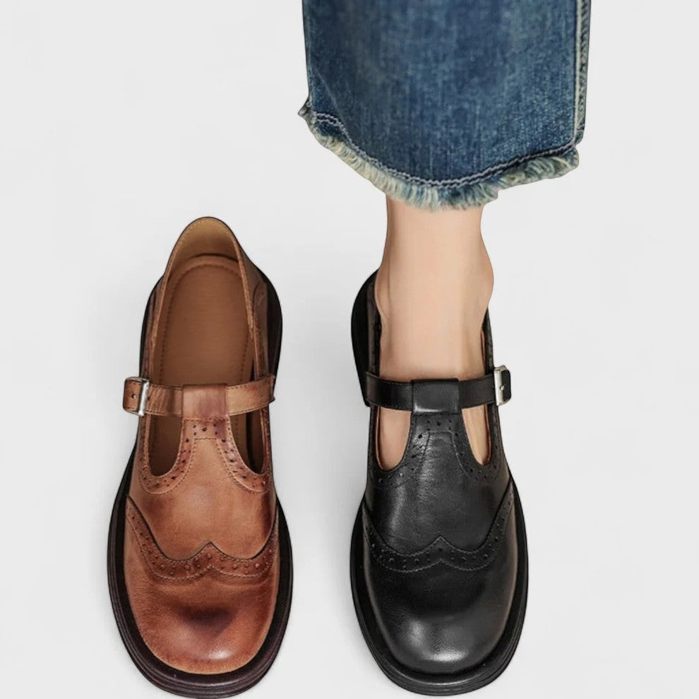 Women's Leather Block Heel Shoe – Adjustable Ankle Strap