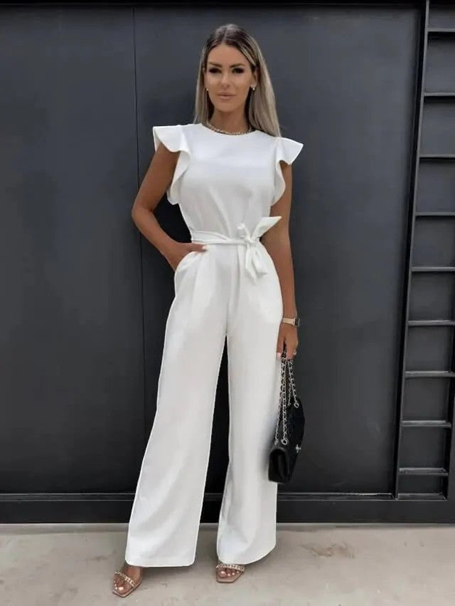 Women's Wide-Leg Jumpsuit – High-Waist Tie Belt