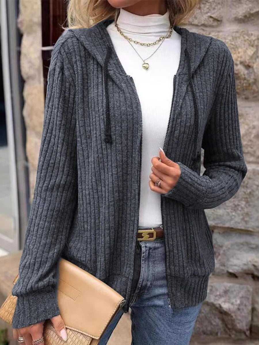 Women's Ribbed Knit Hooded Cardigan – Oversized Full-Zip