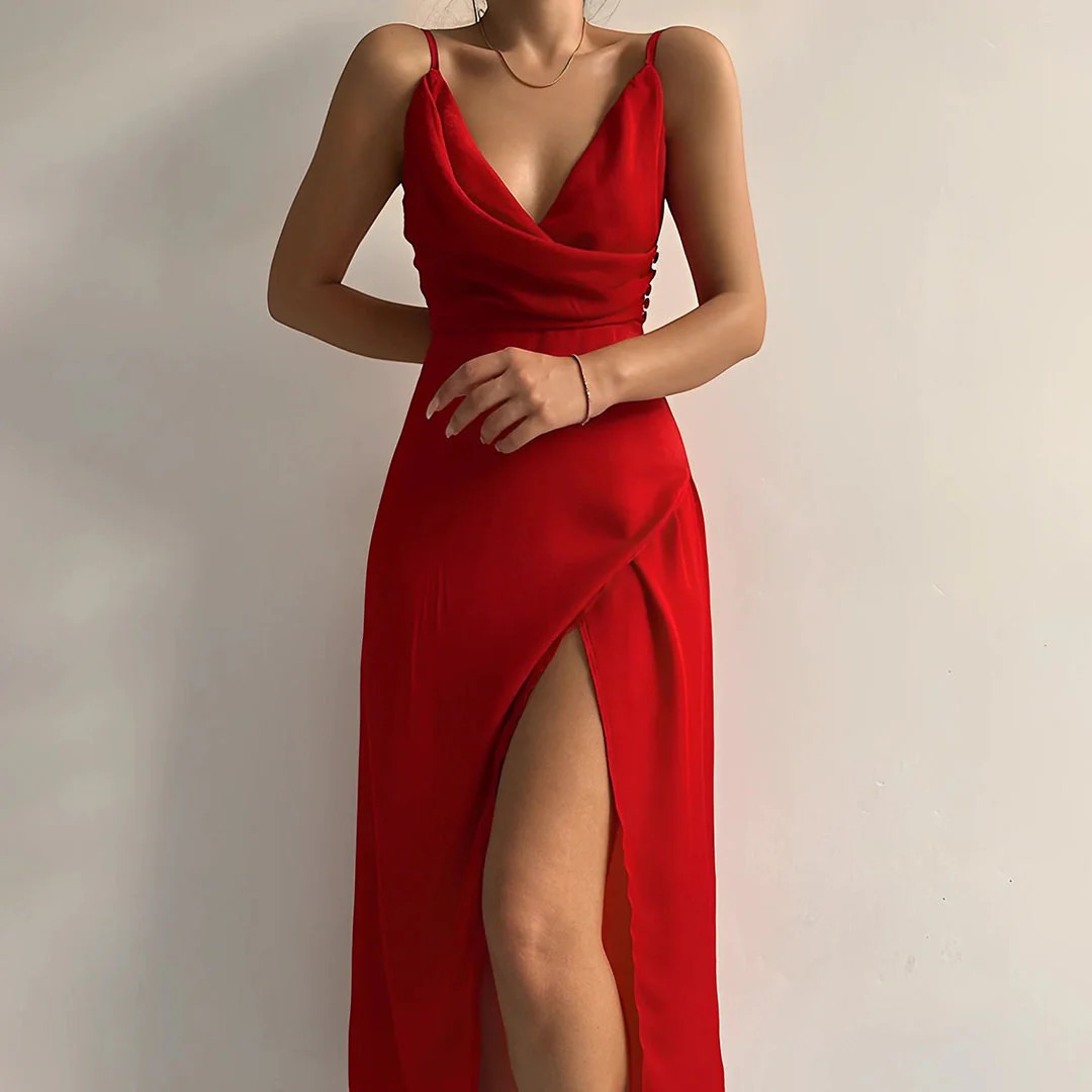 Women's Slip Maxi Dress – V-Neck Side Slit