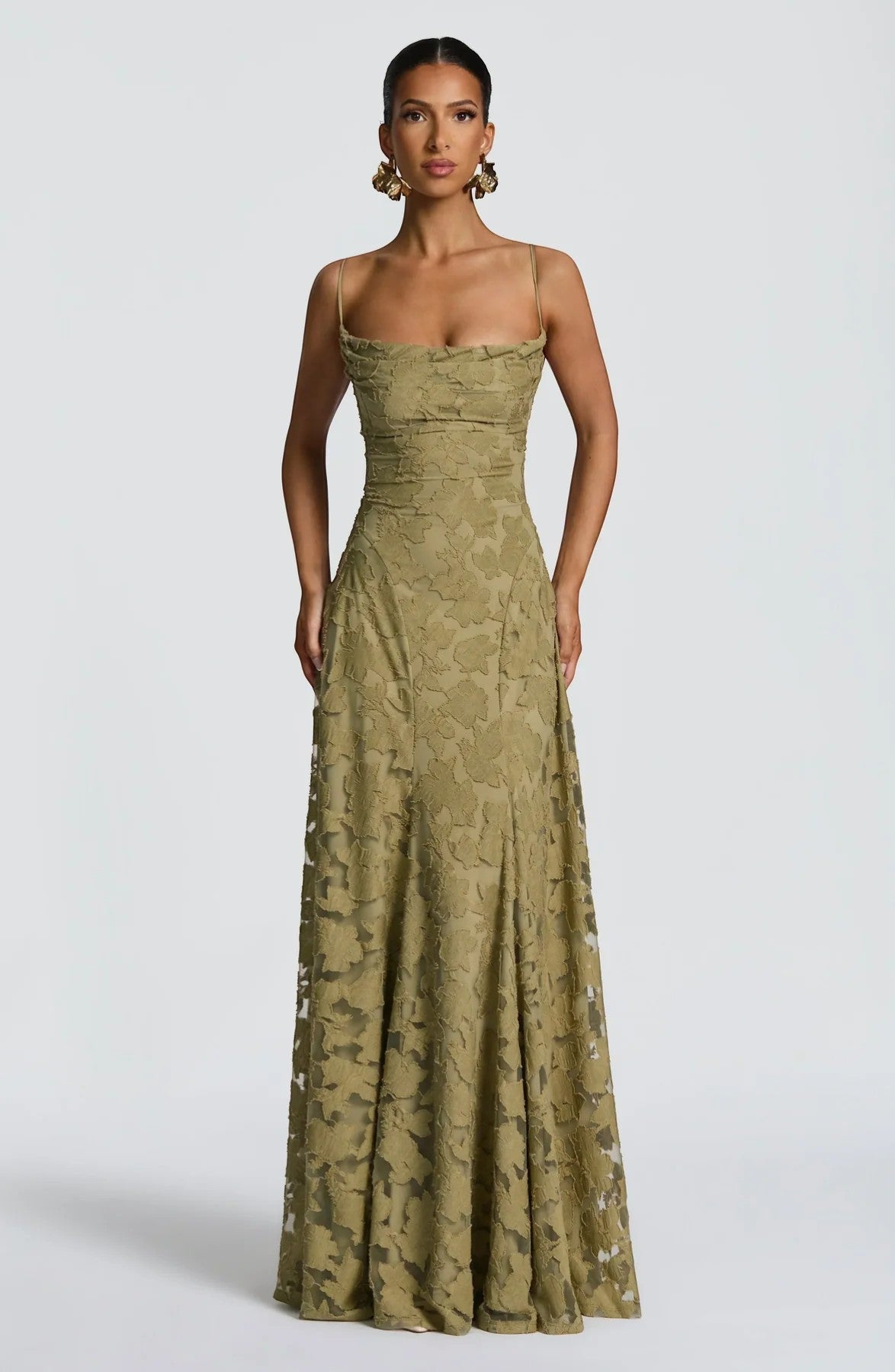 Women's Lace-Up Back Maxi Dress – Fitted Textured Lace