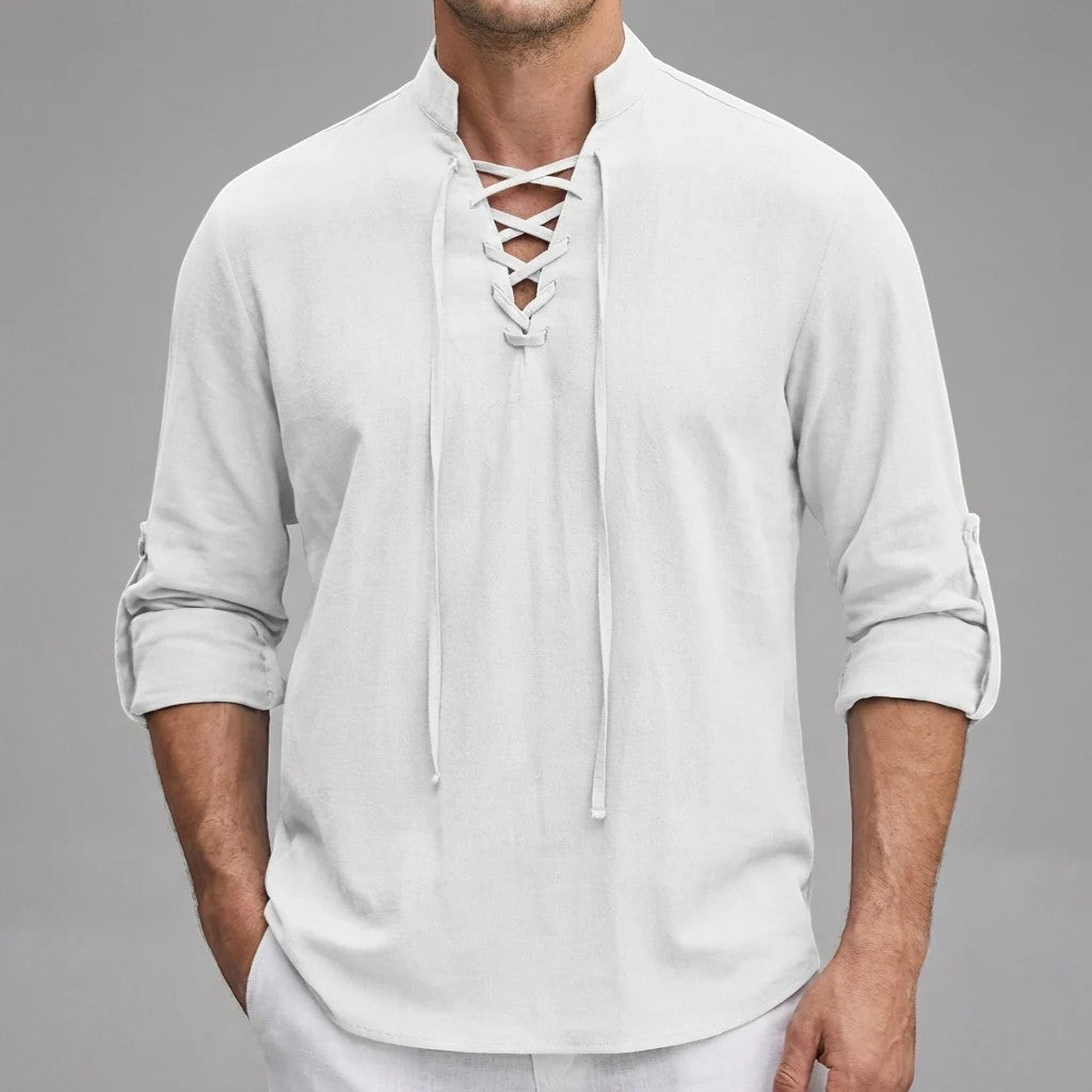 Men's Linen Lace-Up Shirt – Stand Collar Relaxed Fit