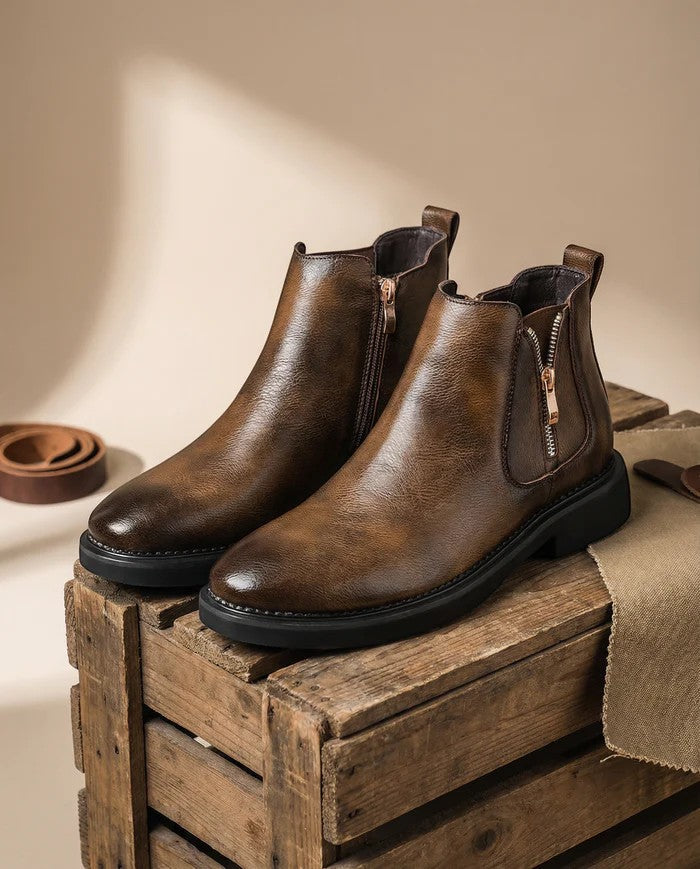 Men's Leather Ankle Boot – Side Zip Wedge Heel
