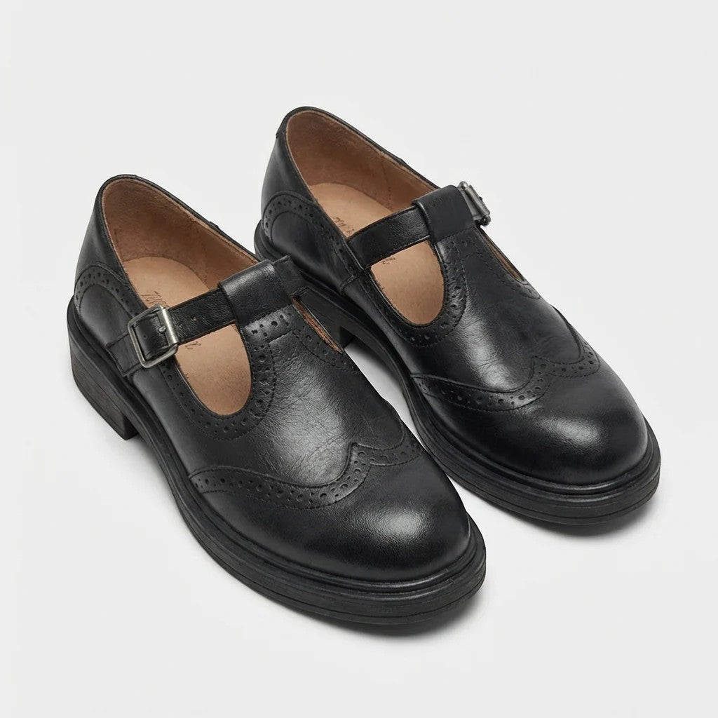 Women's Leather T-Strap Loafer – Mid Heel Round Toe