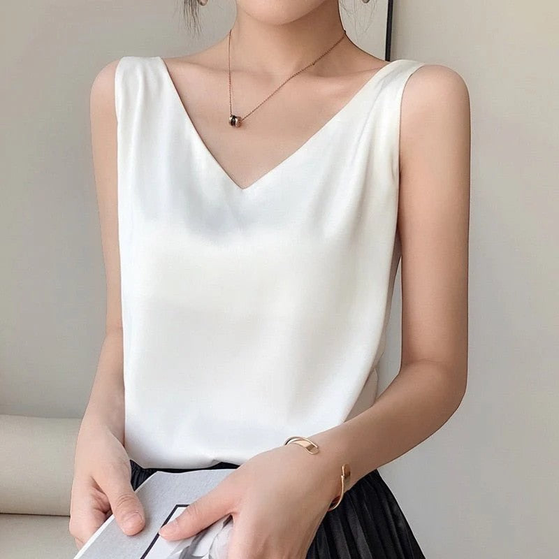Women's V-Neck Silk Top – Relaxed Sleeveless Cut