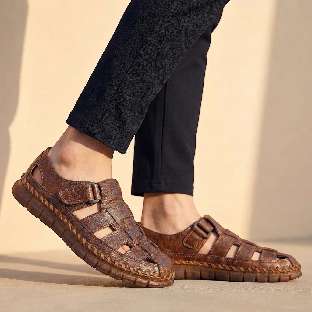 Men's Leather Closed-Toe Sandal – Cutout Hook-and-Loop Strap