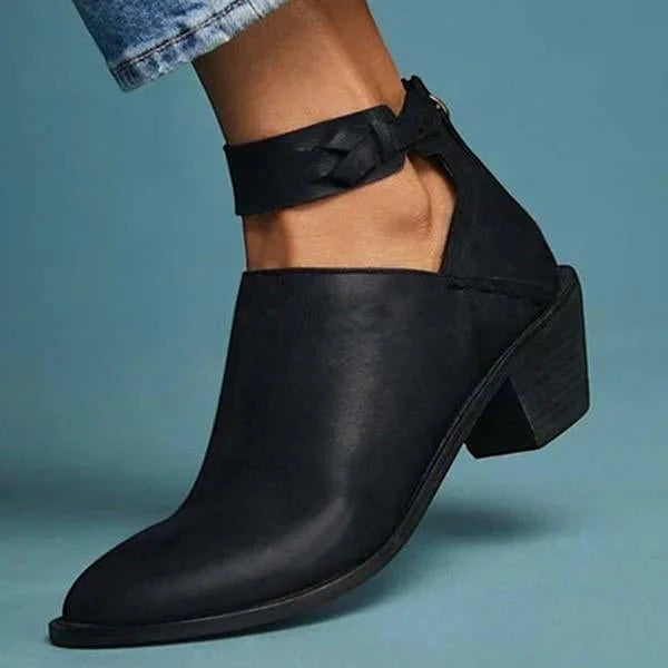 Women's Leather Ankle Boots – Block Heel Back Zip