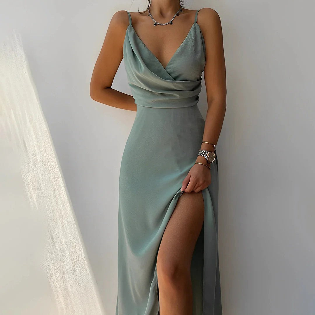 Women's Slip Maxi Dress – V-Neck Side Slit