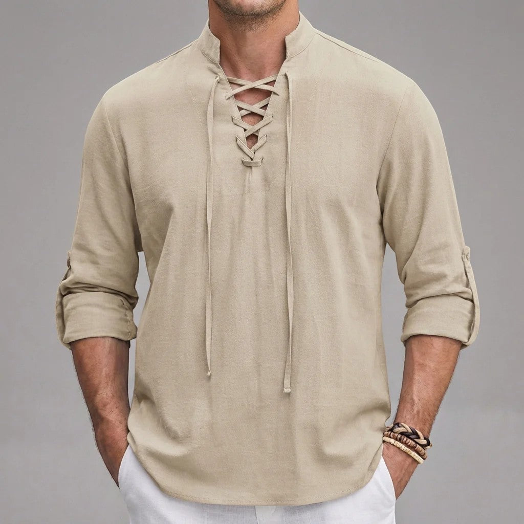 Men's Linen Lace-Up Shirt – Stand Collar Relaxed Fit