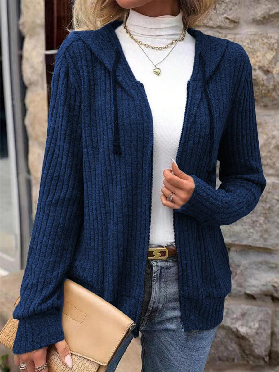Women's Ribbed Knit Hooded Cardigan – Oversized Full-Zip