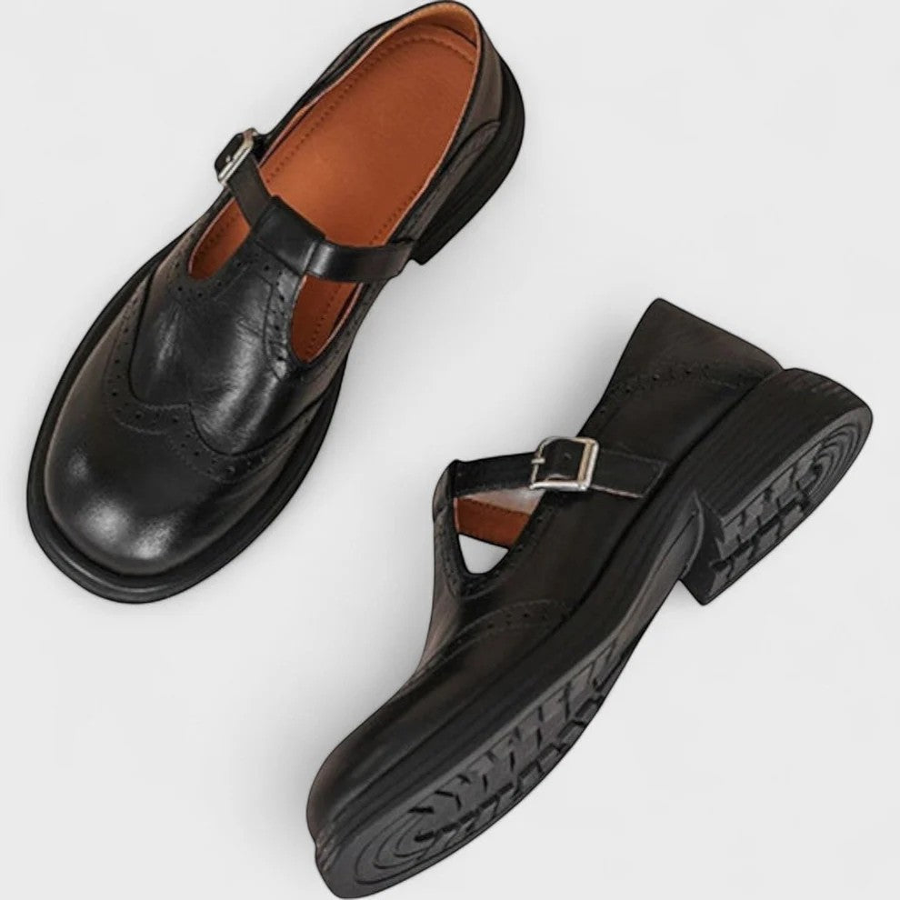 Women's Leather Block Heel Shoe – Adjustable Ankle Strap