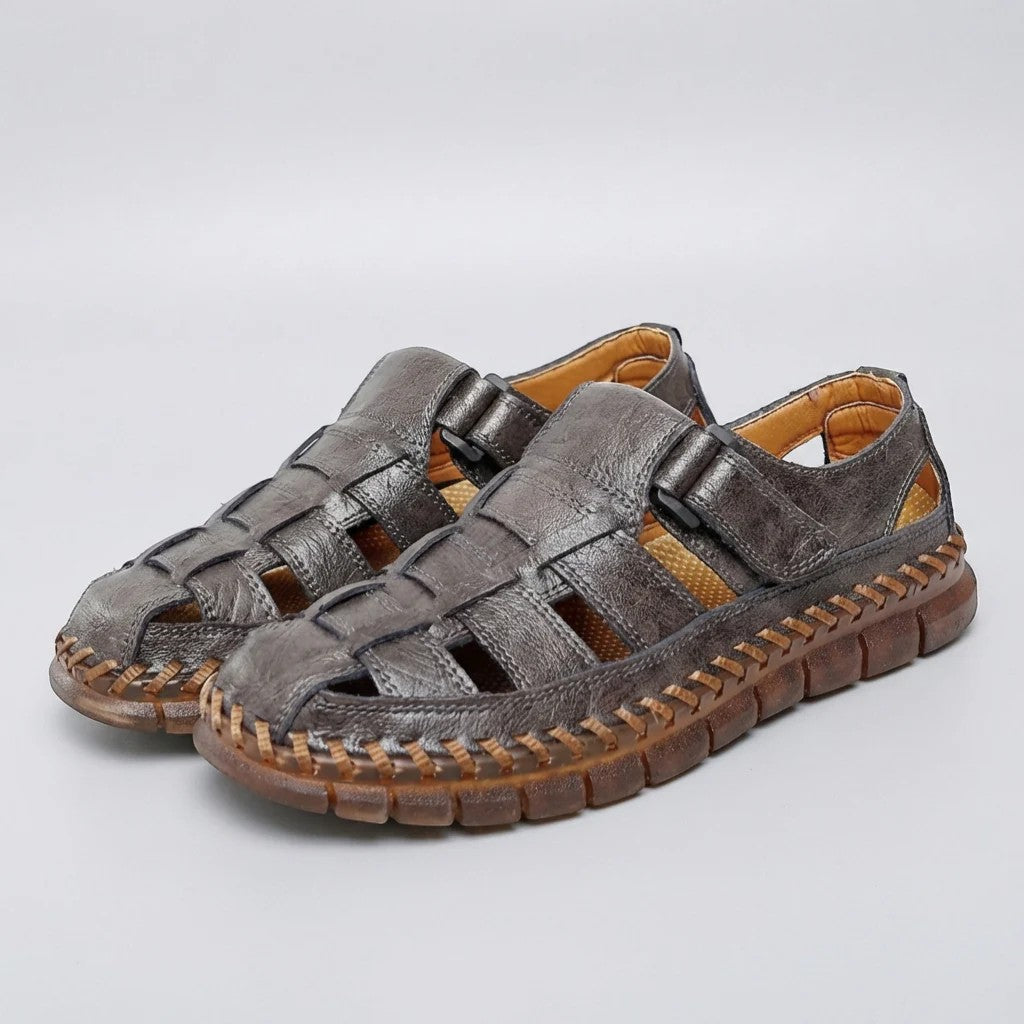 Men's Leather Closed-Toe Sandal – Cutout Hook-and-Loop Strap