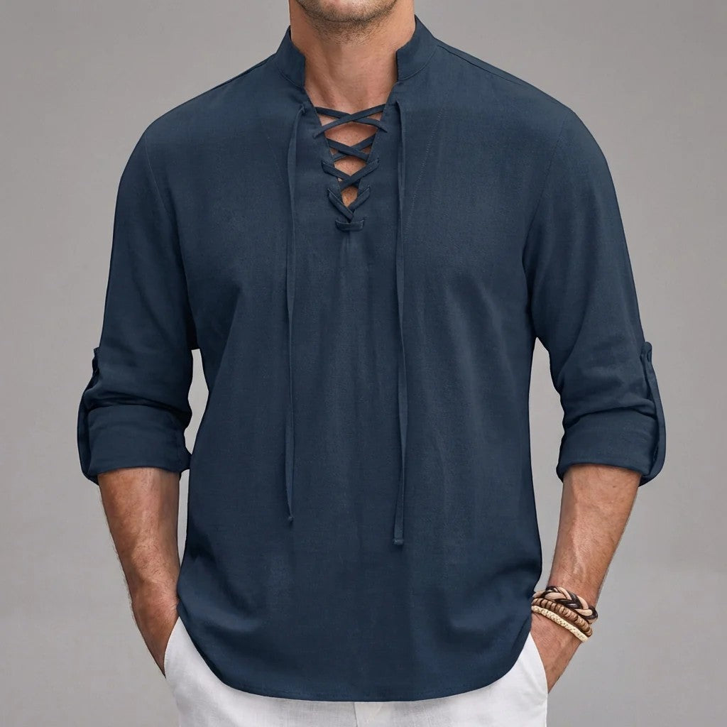 Men's Linen Lace-Up Shirt – Stand Collar Relaxed Fit
