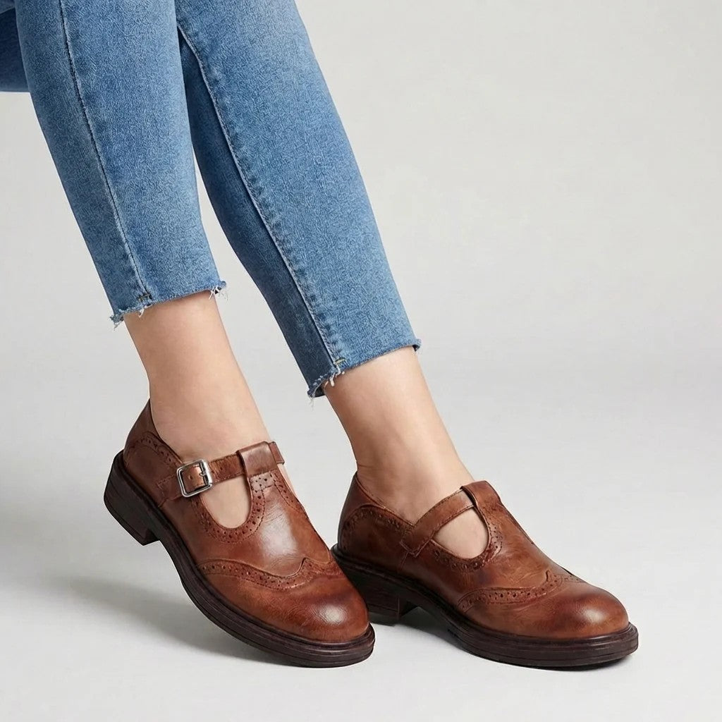 Women's Leather T-Strap Loafer – Mid Heel Round Toe
